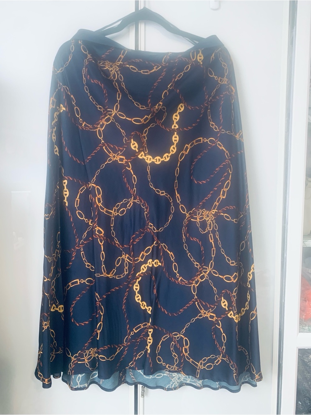 L'AGENCE Navy Midi Skirt with Gold Chain Print